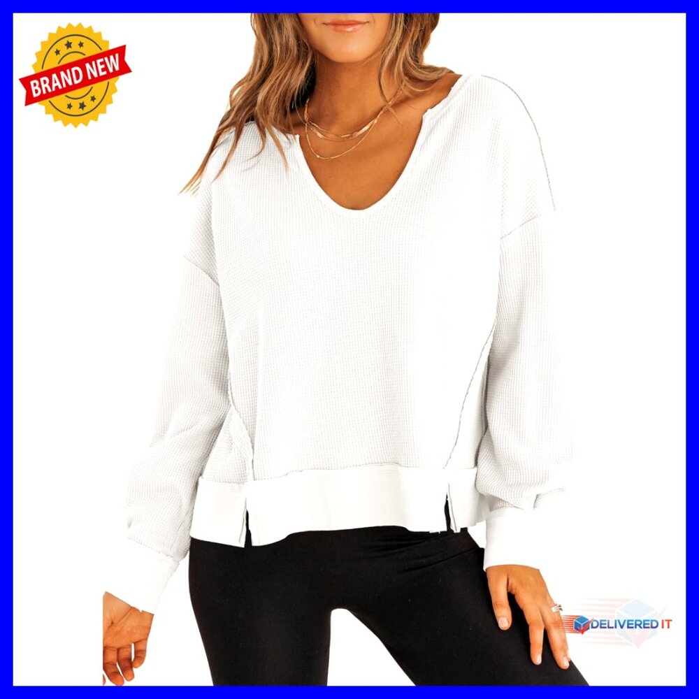 Waffle Knit Cropped Sweater V Neck Long Sleeve Pullover Top Y2k Chic